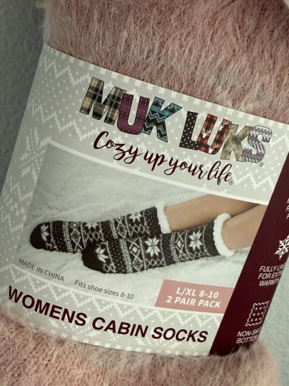 MUK LUKS Women's Chenille Cabin Socks Pink Fair Isle and Plaid - Picture 3 of 5